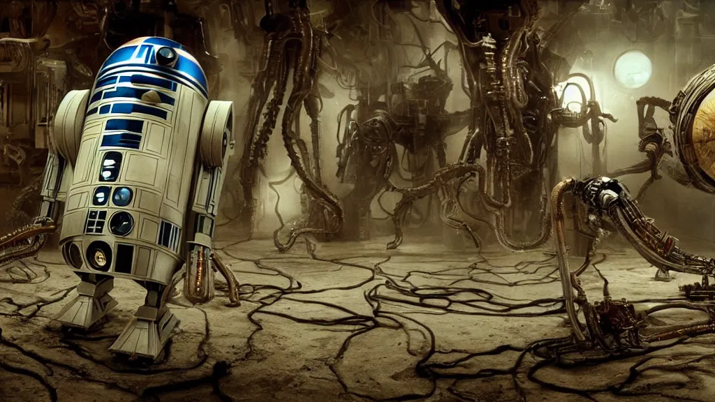 Image similar to r 2 d 2 in the style of an eldritch horror with mechanical tentacles, film still from the movie directed by denis villeneuve with art direction by salvador dali, wide lens