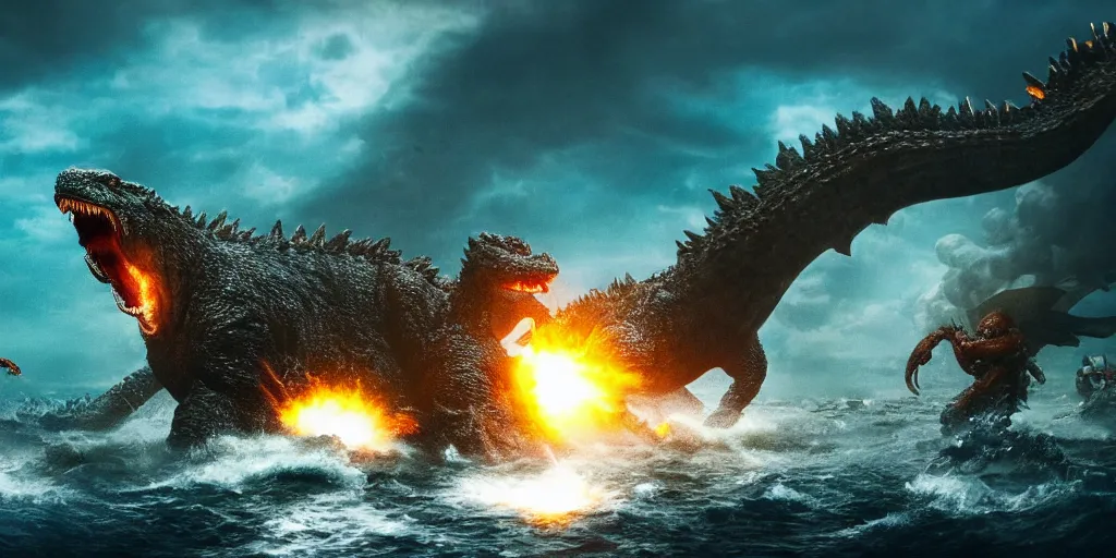 Image similar to epic battle scene Godzilla versus the Kraken, the last stand, Epic Background, in the ocean, highly detailed, sharp focus, 8k, 35mm, cinematic lighting