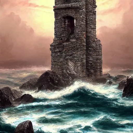 Prompt: ancient stone tower rising from the waves, artstation