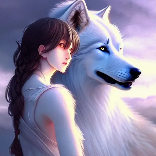 Image similar to girl facing a giant white wolf, manga cover, intricate, elegant, highly detailed, digital painting, artstation, concept art, smooth, sharp focus, illustration, sharp focus, illustration, highly detailed, concept art, matte, trending on artstation, anime, art by wlop and artgerm and greg rutkowski, h 6 4 0