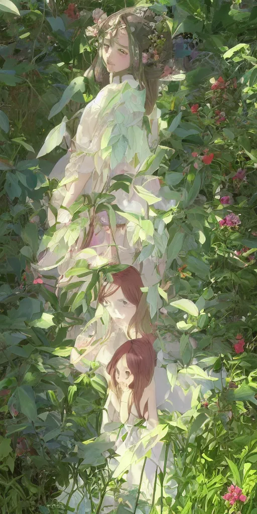 Prompt: a digital art of a loli with long hair in a dress in the privet garden at after noon, green and warm theme, back lighting, by krenz cushart and mucha and akihito yoshida and greg rutkowski and makoto shinkai, geometric shapes, hard edges, extremely long shot, detailed eyes, 4 k resolution, trending on art station