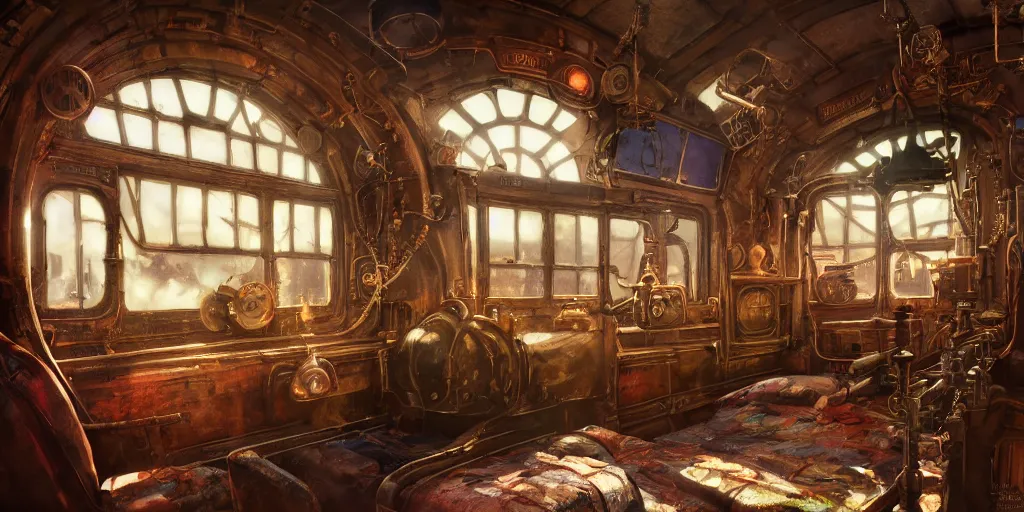 Image similar to steampunk train bedroom interior, colorful, contrast, depth of field, 3 d scene, render, greg rutkowski, zabrocki, karlkka, jayison devadas, trending on artstation, 8 k, ultra wide angle, zenith view, pincushion lens effect