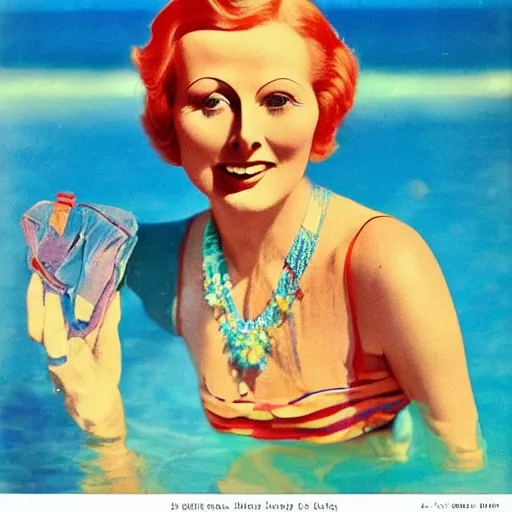 Image similar to a 1 9 2 8 colorful cover of vogue. happy, healthy, beautiful, smiling, sporty, glowing greta garbo in decent swim wear.