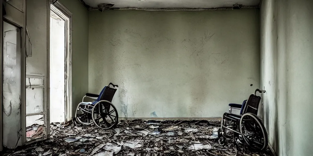 Prompt: abandoned psychiatric ward with paint peeling of the walls, dirty floor, broken wheelchair, stained bed, photography