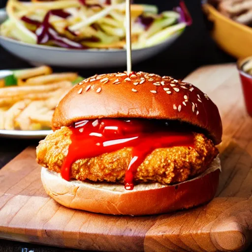 Prompt: a spicy crispy chicken burger, food photography, detailed, yum, sauce dripping down the side