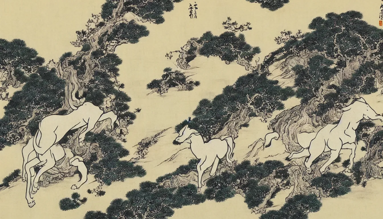 Image similar to traditional chinese ink drawing of a unicorn in a meadow, by hokusai, ultra detailed