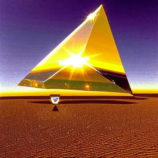 Prompt: big angular crystal in the desert, reflection from the crystal is sparkling due to sun, small starship near, futuristic, hi-tech details, style jean giraud