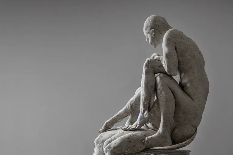 Prompt: a sculpture of a person sitting on top of a chair, a marble sculpture by nicola samori, behance, neo - expressionism, marble sculpture, apocalypse art, made of mist, very detailed structure, masterpiece, bokeh, soft light, global illumination