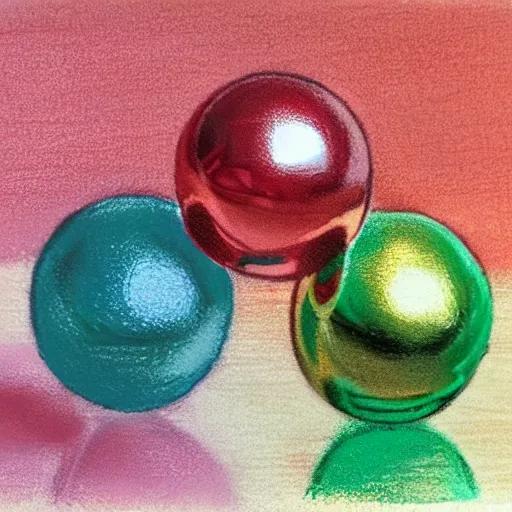 Prompt: chrome spheres on a red cube, drawn with pastel