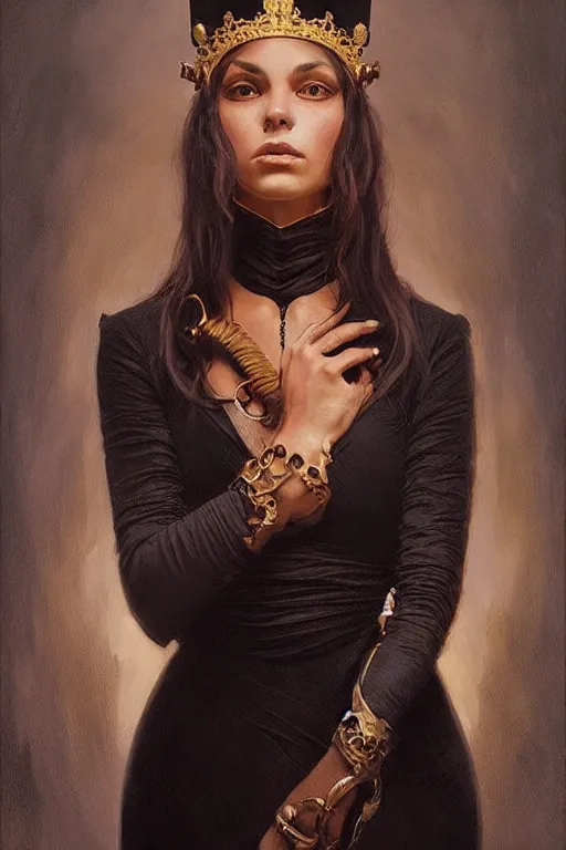 Image similar to portrait of a queen cat gir, dark, piercing eyes, gentle expression, elegant clothing, photorealistic, highly detailed, artstation, smooth, sharp focus, art by michael whelan, artgerm, greg rutkowski and alphonse mucha