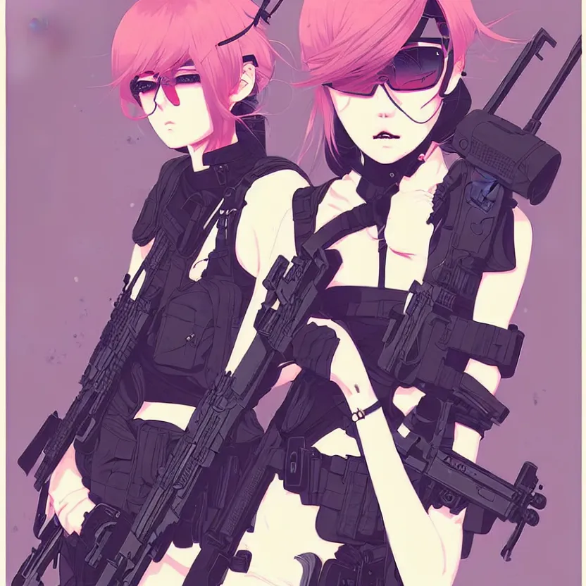 Image similar to girl with tactical gear, very anime!!! anime!! intricate details, aesthetically pleasing pastel colors, poster background, aesthetic details, art by conrad roset and ilya kuvshinov