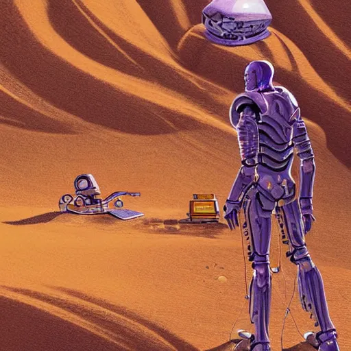 Image similar to robotic a man in desert finding a beautiful crystal, Industrial Scifi, detailed illustration, character portrait, by Martin Grip and Moebius