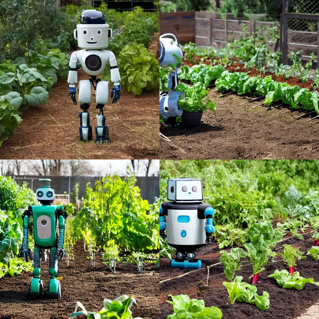 Prompt: A robot tending to the vegetable garden in a recovering post-apocalyptic world