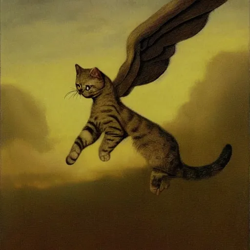 Image similar to a cat with wings an illustration by Michael Sowa