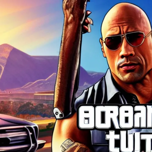 Prompt: dwayne johnson as grand theft auto v cover art,