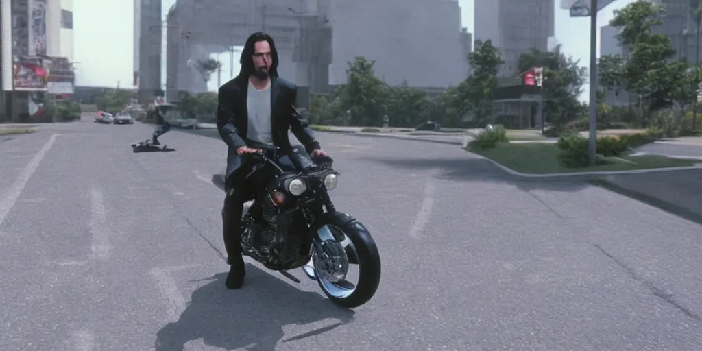 Image similar to beautiful hyperrealism three point perspective film still of Keanu Reeves as neo in bullet time aiming at agent smith in a nice oceanfront promenade motorcycle chase scene in Matrix meets kagemusha(1990) extreme closeup portrait in style of 1990s frontiers in translucent porcelain miniature street photography seinen manga fashion edition,, tilt shift style scene background, soft lighting, Kodak Portra 400, cinematic style, telephoto by Emmanuel Lubezki