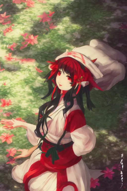 Image similar to hakurei reimu from touhou project floating on the water at night, plants, green and orange theme, s line, 4 5 angel by krenz cushart and mucha and makoto shinkai and akihito yoshida and greg rutkowski, 4 k resolution