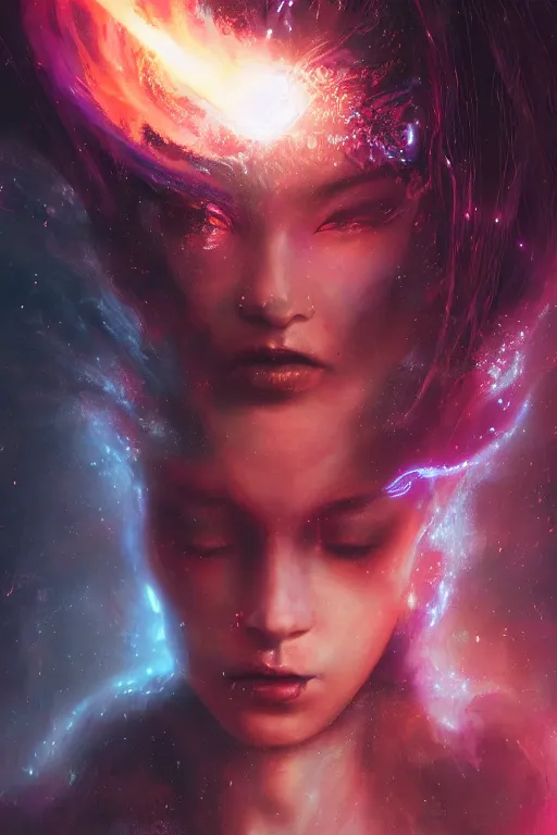 Image similar to a beautiful portrait of a young cosmic Demon women covered in deep purple flames with an intense look on her face by Greg Rutkowski, Sung Choi, Mitchell Mohrhauser, Maciej Kuciara, Johnson Ting, Maxim Verehin, Peter Konig, Bloodborne , 8k photorealistic, cinematic lighting, HD, high details, atmospheric , trending on artstation