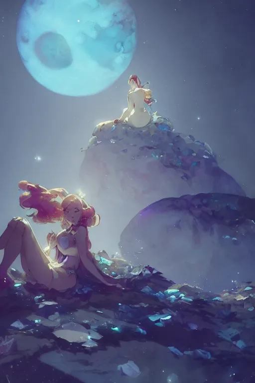 Image similar to A beautiful whimsical woman basking in the moonlight on a bed of crystals below planets, cinematic lighting, dramatic atmosphere, by Dustin Nguyen, Akihiko Yoshida, Greg Tocchini, Greg Rutkowski, Cliff Chiang, 4k resolution, trending on artstation