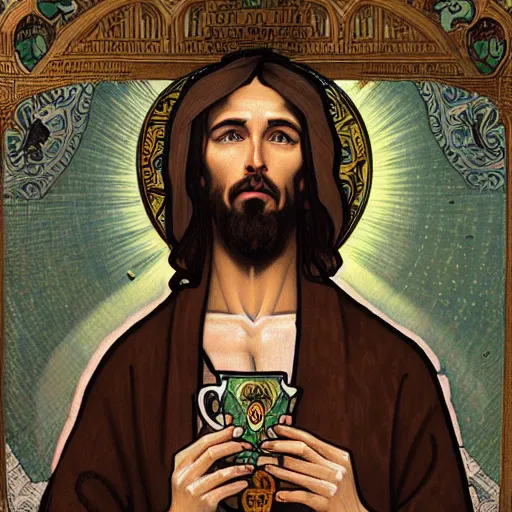 Prompt: an extremely detailed illuminated manuscript of a ridiculously good looking jesus that looks like a hipster drinking espresso from a tiny teacup, ultrawide lens, wearing a jean jacket with a nirvana jacket and a beenie, carrying a skateboard shaped like a crucifix, waxed beard, very detailed, beautiful, intricate, alphonse mucha, greg rutkowski, octane render