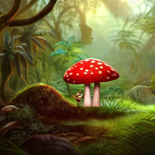 Image similar to Intricate detailed illustration, A small and happy humanoid mushroom frolicking in a lush tropical jungle, 🍄 , cinematic lighting, by Philip Hood, wide angle, volumetric light scattering, 8k, artstation, concept art,