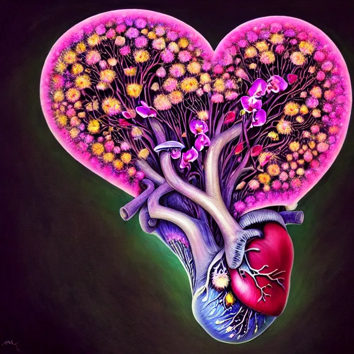 Prompt: extremely psychedelic organic human heart made of orchid and cherry blossom tree and mushroom, LSD, diffuse lighting, fantasy, intricate, elegant, highly detailed, lifelike, photorealistic, digital painting, artstation, illustration, concept art, smooth, sharp focus, art by John Collier and Albert Aublet and Krenz Cushart and Artem Demura and Alphonse Mucha