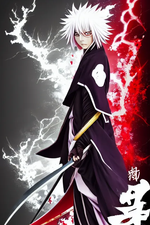 Prompt: nobuhiro watsuki and callarin and trending on artstation, japanese manga, bleach, a juvenile samurai, perfect features, weapons, kimono + cape + lightning + element, manga poster, red + purple + black tones, fine work, 8 k, hd, unreal engine