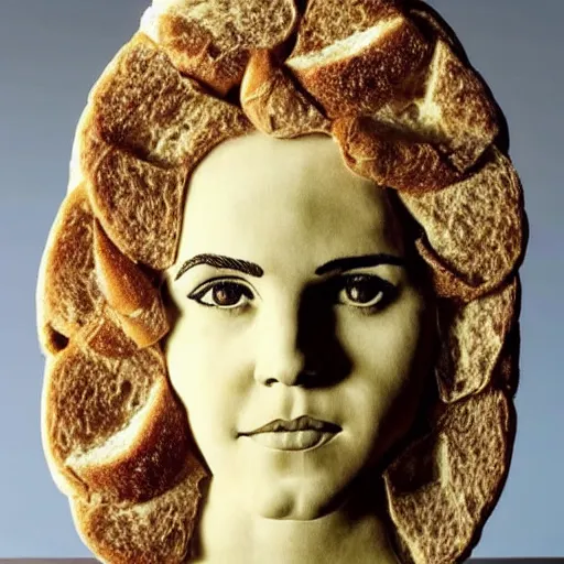 Prompt: a sculpture of emma watson made out of bread as a kids drawing