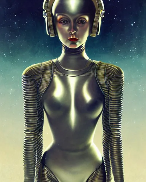 Image similar to futuristic portrait of woman from 2 0 s decade of xx century in metal space suit in a style of hans giger, giger alien style, art by kuvshinov ilya and wayne barlowe and gustav klimt and artgerm