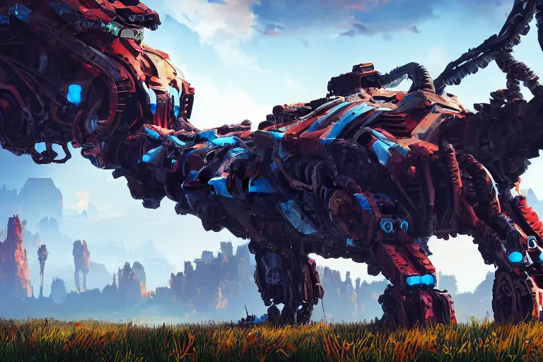 Image similar to ravager machine mecanical creature robot of horizon forbidden west horizon zero dawn radiating a glowing aura global illumination ray tracing hdr fanart arstation by ian pesty and alena aenami artworks in 4 k