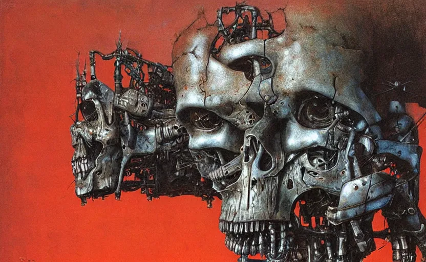 Image similar to terminator endoskeleton crying by beksinski