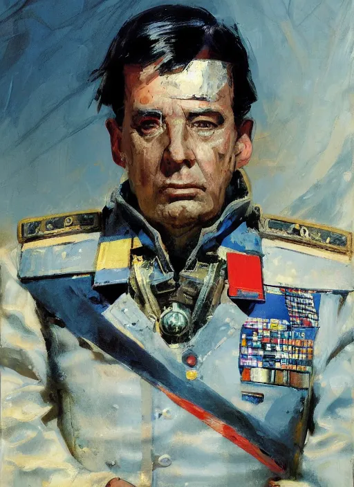 Prompt: sci fi portrait of a cyborg with features from general augusto pinochet wearing prussian military clothes by john berkey