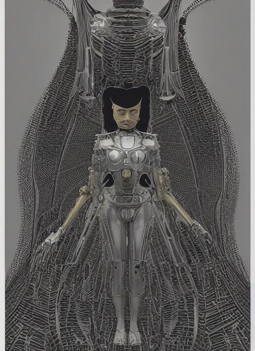 Image similar to 2 d illustration, grained risograph, vintage horror sci - fi portrait of a futuristic silver armored geisha district 9 cyborg, parallax, fractal, intricate, elegant, highly detailed, subsurface scattering, by jheronimus bosch and moebius louis jacques mande daguerre and szukalski