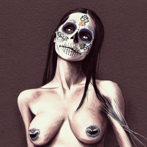 Prompt: full body pencil sketch of a beautiful young woman with mexican make up, dia de los muertos, no clothes, perfect anatomy, full body, watercolor background, pencil art, ink and pencil, hyperrealistic, hyperdetailled, digital art, greg rutkowski, artstation, 8 k, beautiful drawing, paper texture, spray paint, watercolors