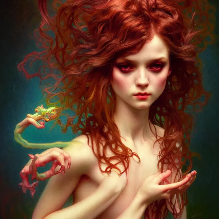 Image similar to psychedelic cute little demon, diffuse lighting, fantasy, intricate, elegant, highly detailed, lifelike, photorealistic, digital painting, artstation, illustration, concept art, smooth, sharp focus, art by John Collier and Albert Aublet and Krenz Cushart and Artem Demura and Alphonse Mucha