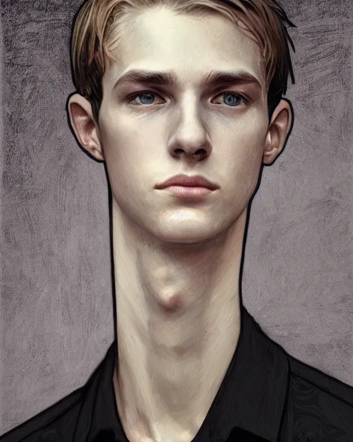 Image similar to portrait of 1 5 - year - old boy, a tall, slender boy with a pale, pointed face, sleek blond hair, and ice grey eyes, wearing black clothes, hyper realistic face, beautiful eyes, close up, fantasy art, in the style of greg rutkowski, intricate, alphonse mucha, hyper detailed, smooth