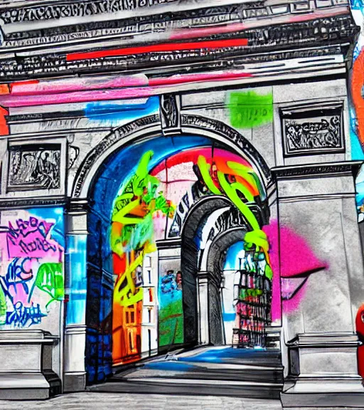 Image similar to photorealistic, photoshop, arc de triomphe full of graffiti