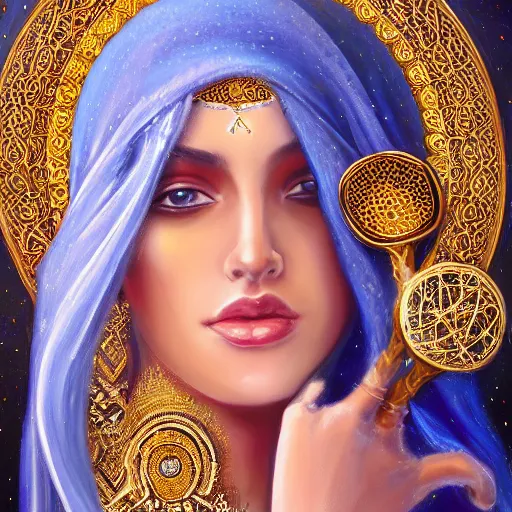 Prompt: beautiful gorgeous pristine arabian Goddess of life with a veil, dark Goddess of artificial intelligence creating an artificial neural network with gold synapses on an anvil with her scythe, high resolution, award winning art, trending on art station, sharp image, incredibly detailed, detailed character, realistic painting, hyper-realistic painting, coherent painting, master piece by ramon y cajal