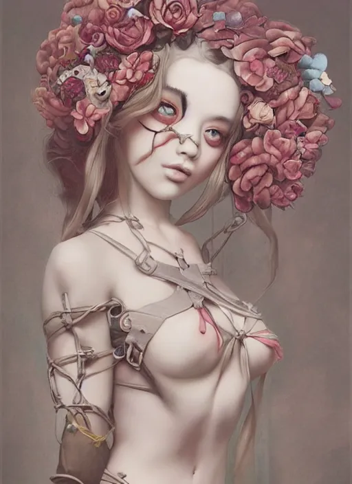 Image similar to pop surrealism, lowbrow art, realistic cute girl painting, body harness, japanese shibari with flowers, hyper realism, muted colours, rococo, natalie shau, tom bagshaw, trevor brown style,