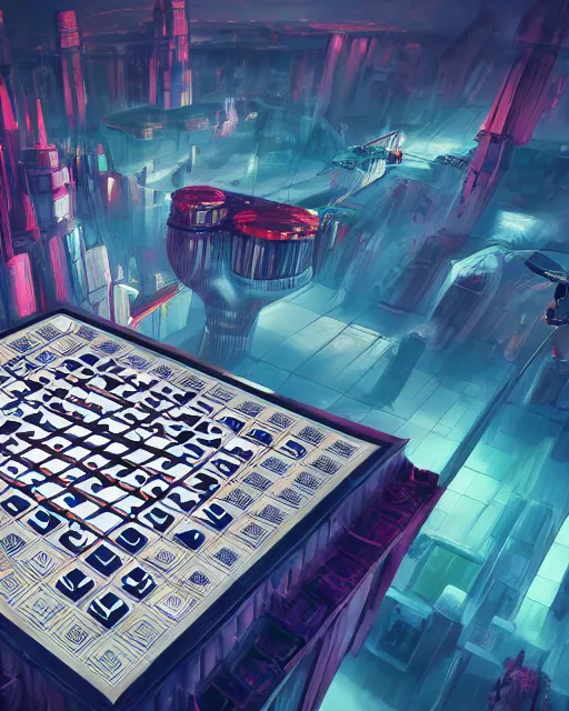 Image similar to chessboard scientist, scifi, ( ( abstract environment ) ), wise android, detailed, flying drones, futuristic palace, full of color, perfect, cold light, 8 k high detail, masterpiece, trending on artstation