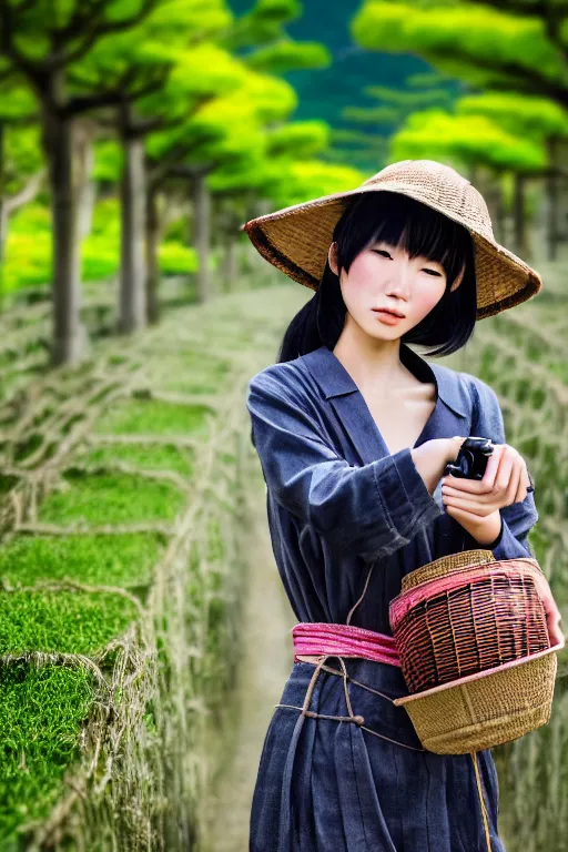 Image similar to japanesse farmer, cinematic view, bokeh, extreme detailed, vogue photo style, proportional, dynamic composition, face features, comfort posse, smooth, sharp focus, body features, ultra realistic, award winning photo, captured by nikon d 8 5 0, 4 5. 7 mp lens, 4 k, full body.