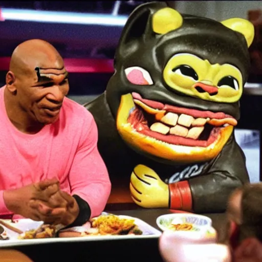 Image similar to mike tyson mukbang, hyperrealistic, garbage pail kids