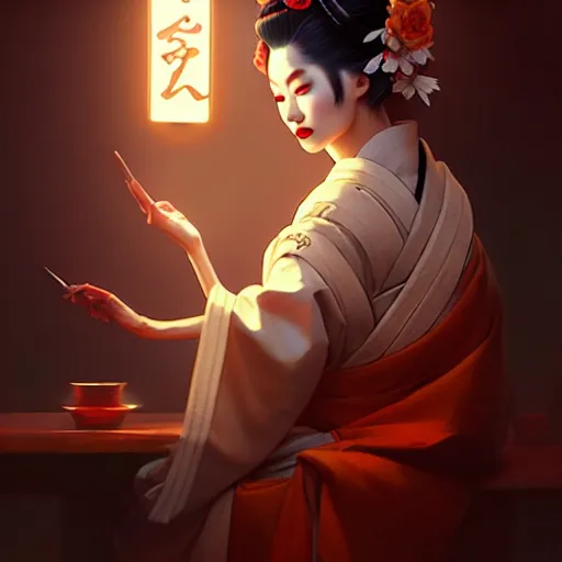 Image similar to pretty geisha, d & d digital painting, ultra realistic, beautiful, volumetric lighting, warm colors advance, cell shading, by james jean, greg rutkowski, wlop