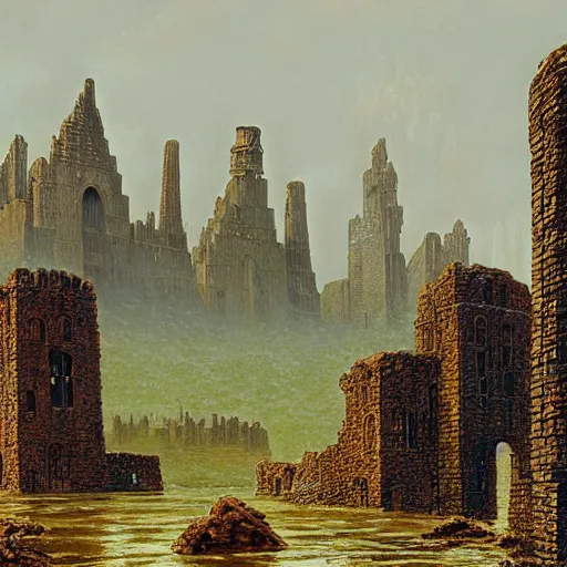 Image similar to ruined stone city and towers in a lake. misty weather. painting by Ted Nasmith and Larry Elmore.