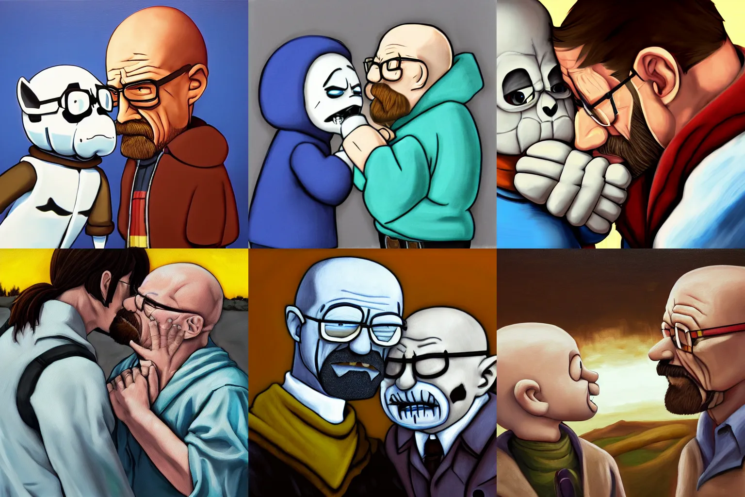 Prompt: walter white sharing a tender kiss with sans undertale, oil painting, 4 k, trending on artstation cgmatter deviantart