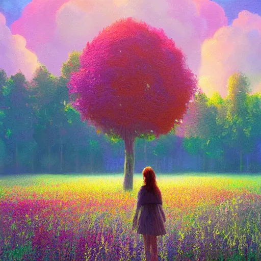 Image similar to girl of flowers, standing in a flower field, big trees, sunrise dramatic light, impressionist painting, colorful clouds, digital painting, pointillism, artstation, simon stalenhag