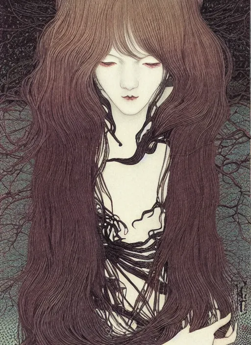Prompt: pop surrealism, muted colors seductive female, long hair, art by takato yamamoto, trevor brown
