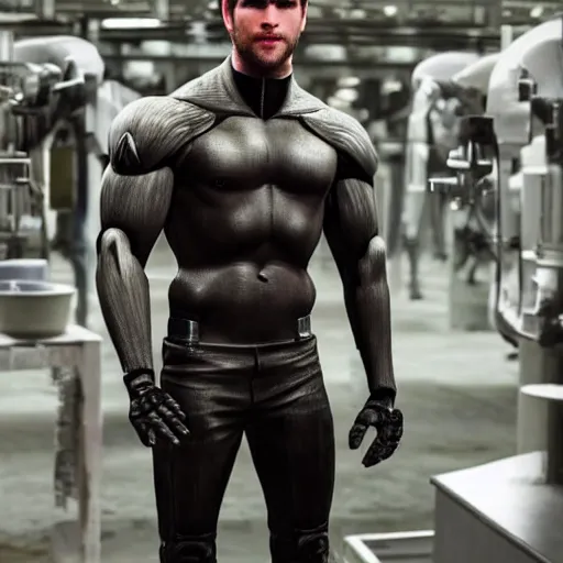 Image similar to a realistic detailed photo of a guy who is an attractive humanoid who is half robot and half humanoid, who is a male android, actor liam hemsworth, shiny skin, posing like a statue, blank stare, in a factory, on display, showing off his muscles