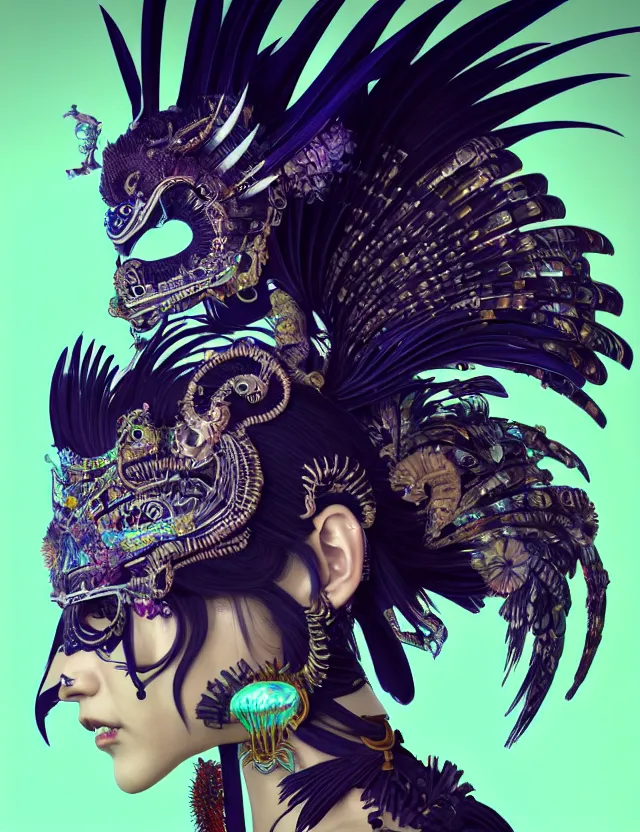 Image similar to 3 d goddess close - up profile portrait punk with mohawk with ram skull. beautiful intricately detailed japanese crow kitsune mask and clasical japanese kimono. betta fish, jellyfish phoenix, bio luminescent, plasma, ice, water, wind, creature, artwork by tooth wu and wlop and beeple and greg rutkowski