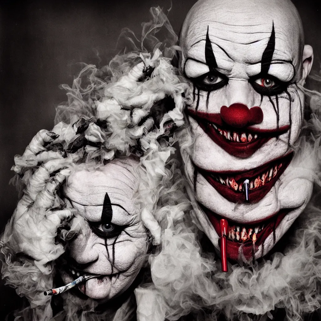 Prompt: award winning photo, mr bungle scary clown, smoking, vivid colors, happy, symmetrical face, beautiful eyes, studio lighting, wide shot art by sally mann & arnold newman